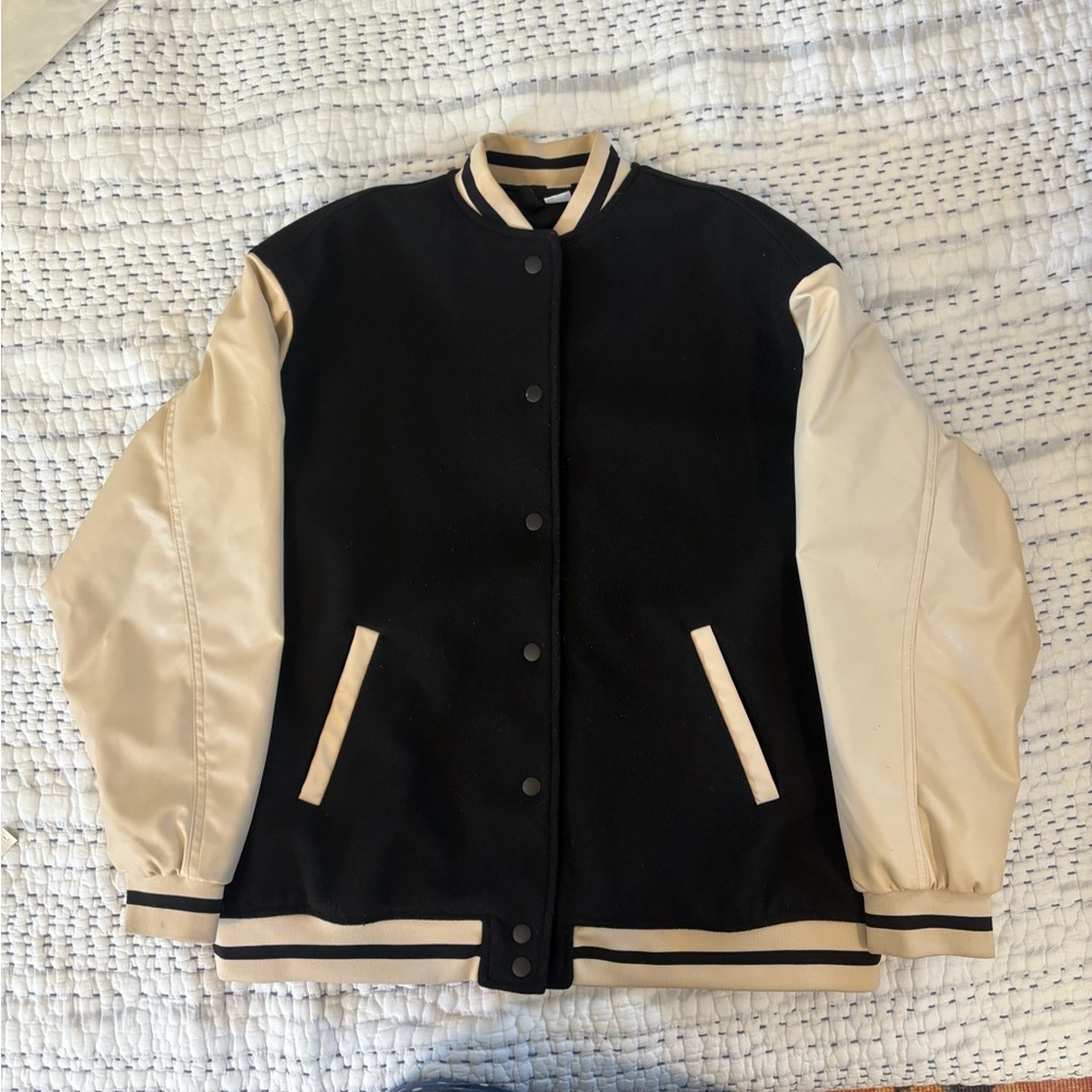 H&M Divided Black and cream varsity letterman jacket with faux leather sleeves